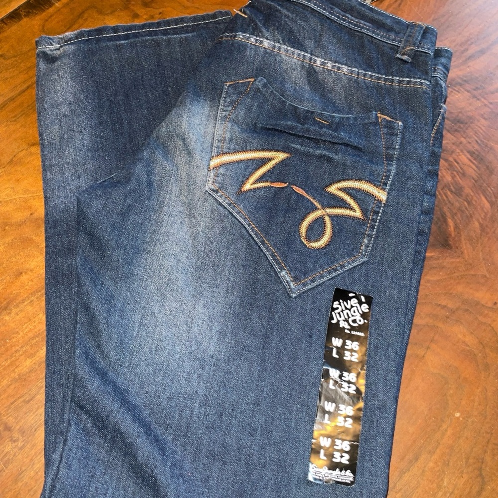 5ive Jungle & Co Men’s 36 X 32 Embroidered Raw Indigo Blue Jeans  NWTS